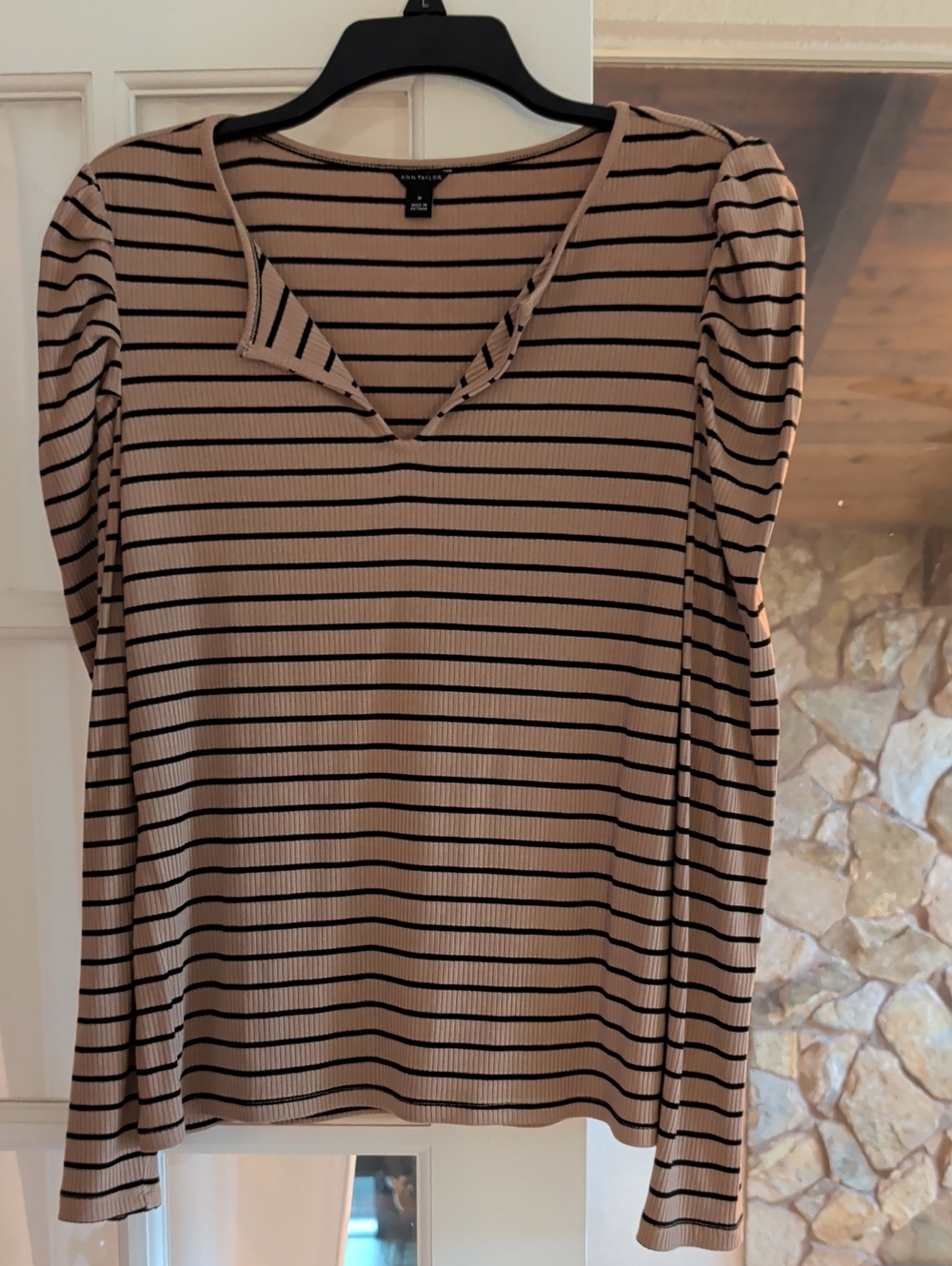 Ann Taylor Beige and Black Striped Ribbed V-Notch Long-Sleeve Top